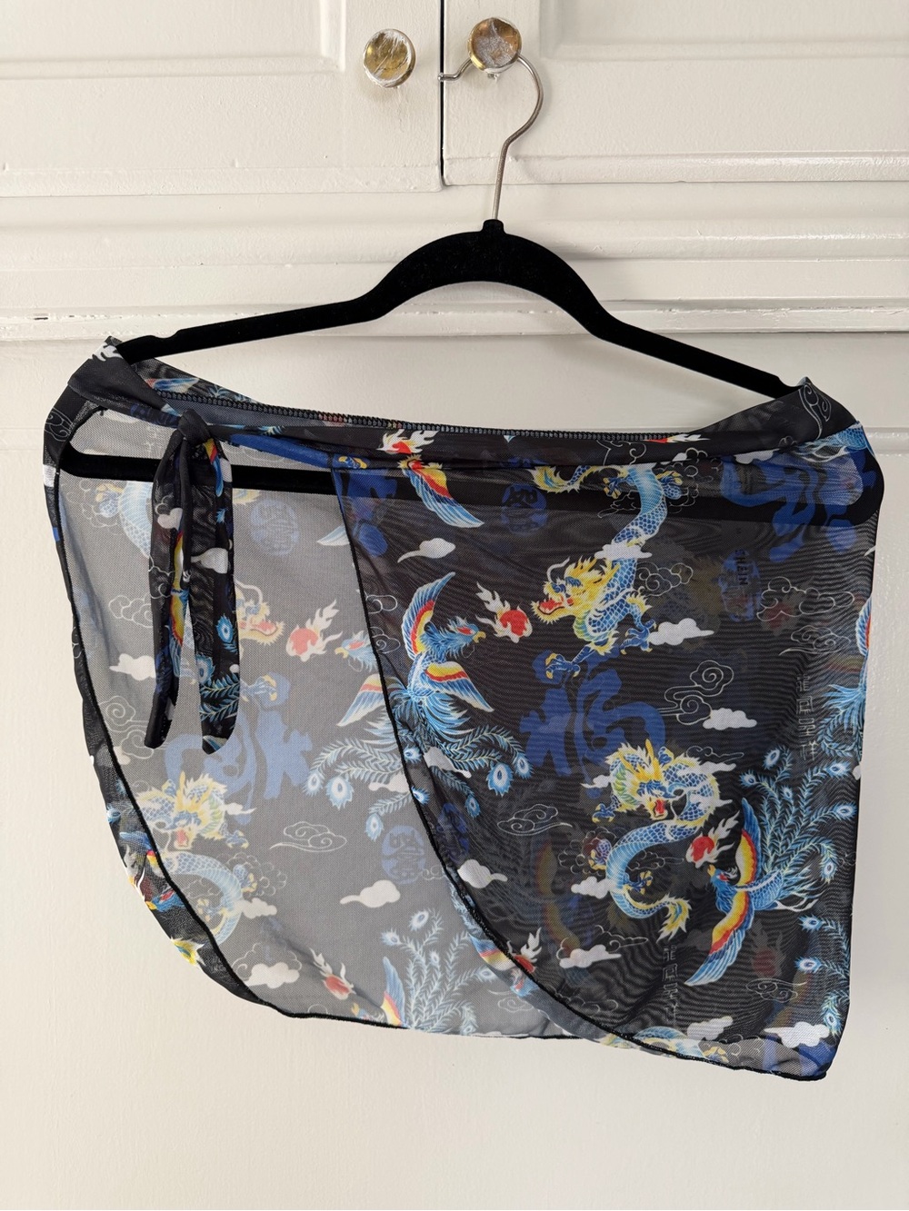 Sheer Dragon-Print Swim Wrap Sarong - Black/Blue